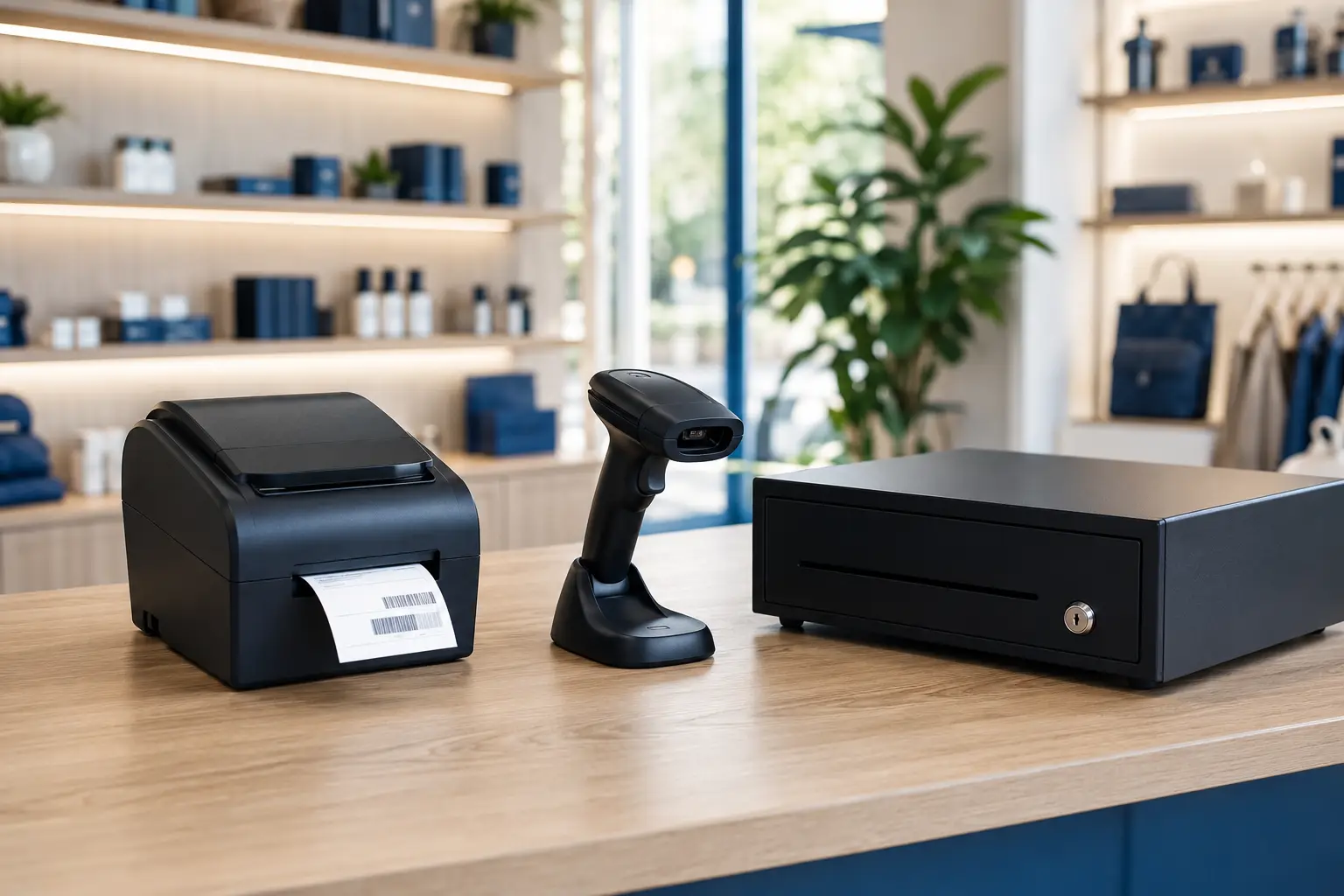 Imprimante d’étiquettes, scanner code-barres, tiroir-caisse et imprimante ticket sur un comptoir de commerce